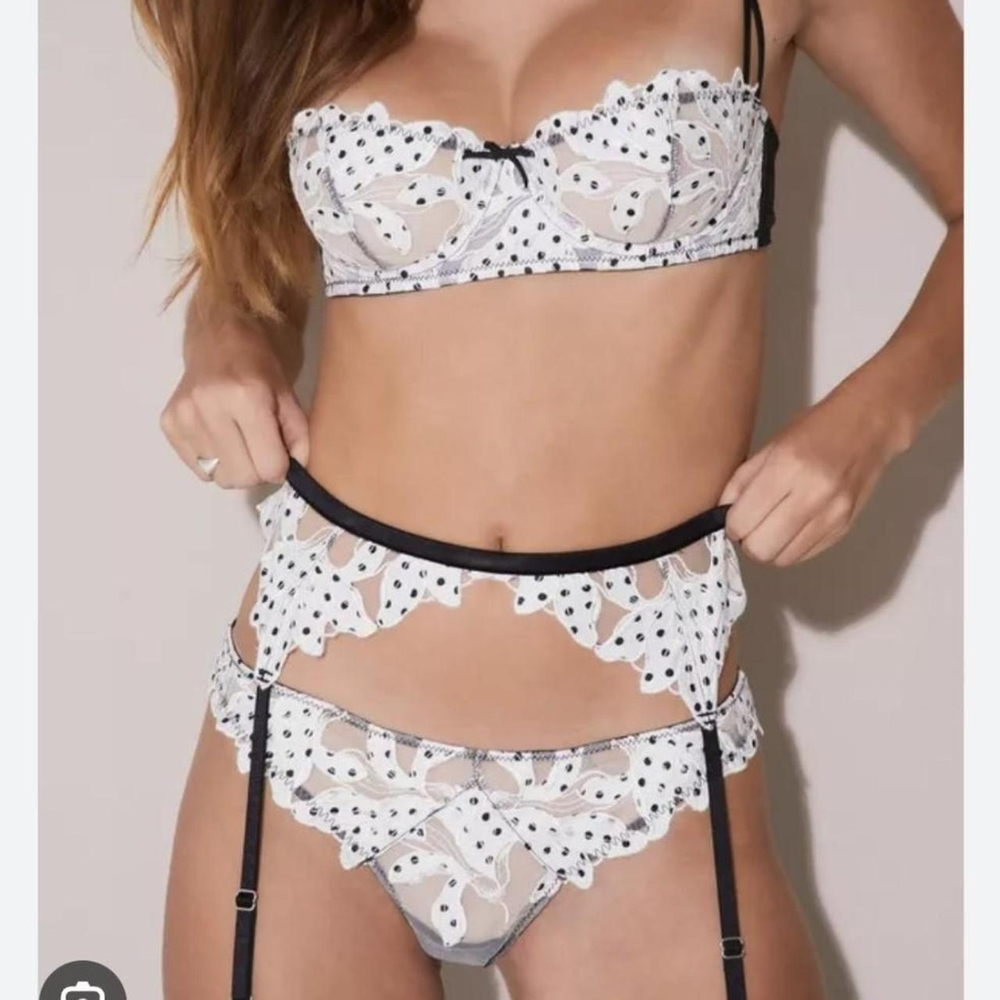 Fleur du Mal Lily Embroidered Lingerie Set in Ivory and Black Dots